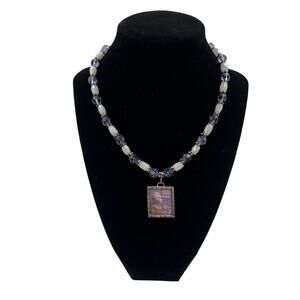 Vtg Handmade Beaded Necklace W Sterling Silver Pendant 3 Cent Jefferson Stamp